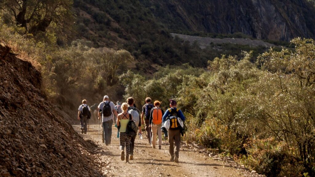 Group of hikers trekking through an Andean trail in Peru, enjoying the adventure and natural beauty - Inka Trail Peru.info