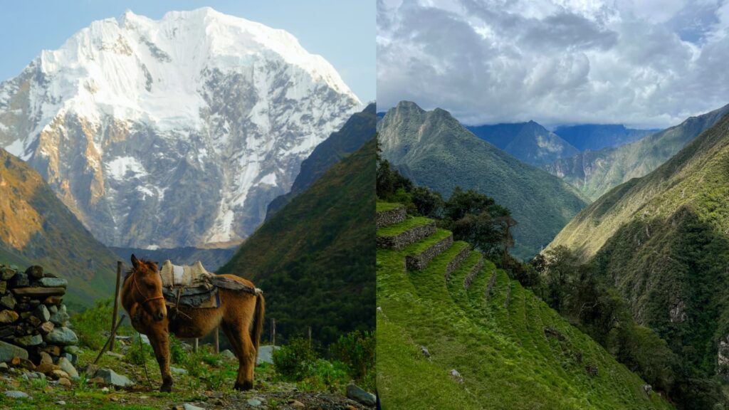Stunning landscapes along the Salkantay Trek, featuring snowy peaks and ancient Inca terraces - Inka Trail Peru.info