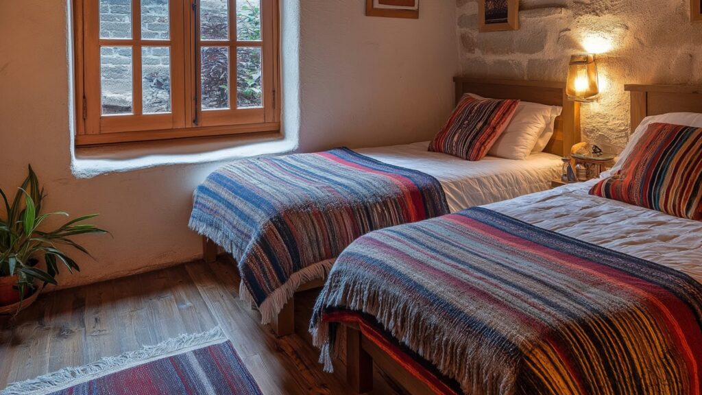 Rustic twin bedroom featuring traditional Andean blankets and pillows, wooden furniture, and warm lighting - IncaTrailPeru.info