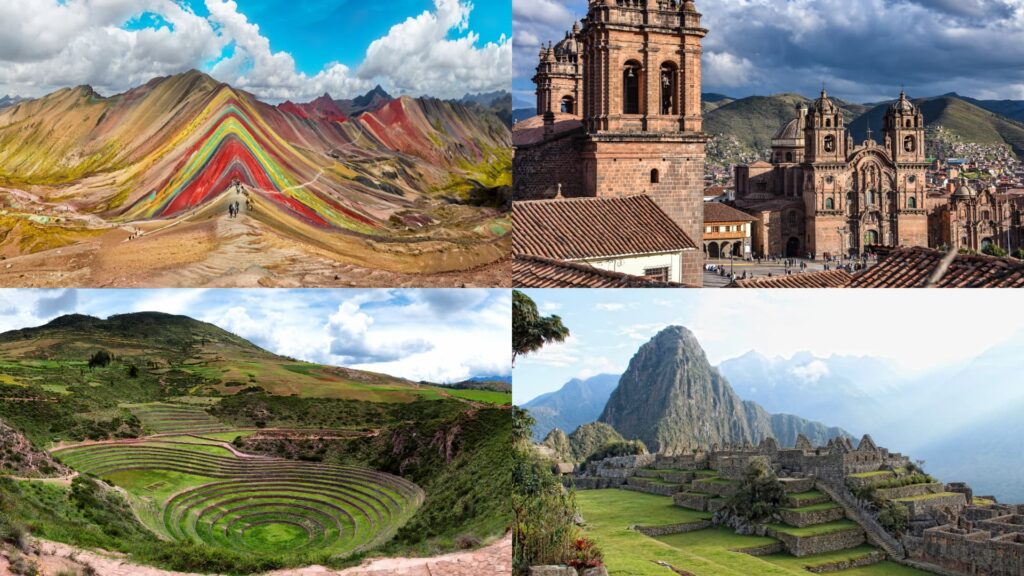 Collage of Vinicunca Rainbow Mountain, Cusco Cathedral, Moray terraces, and Machu Picchu - IncaTrailPeru.info