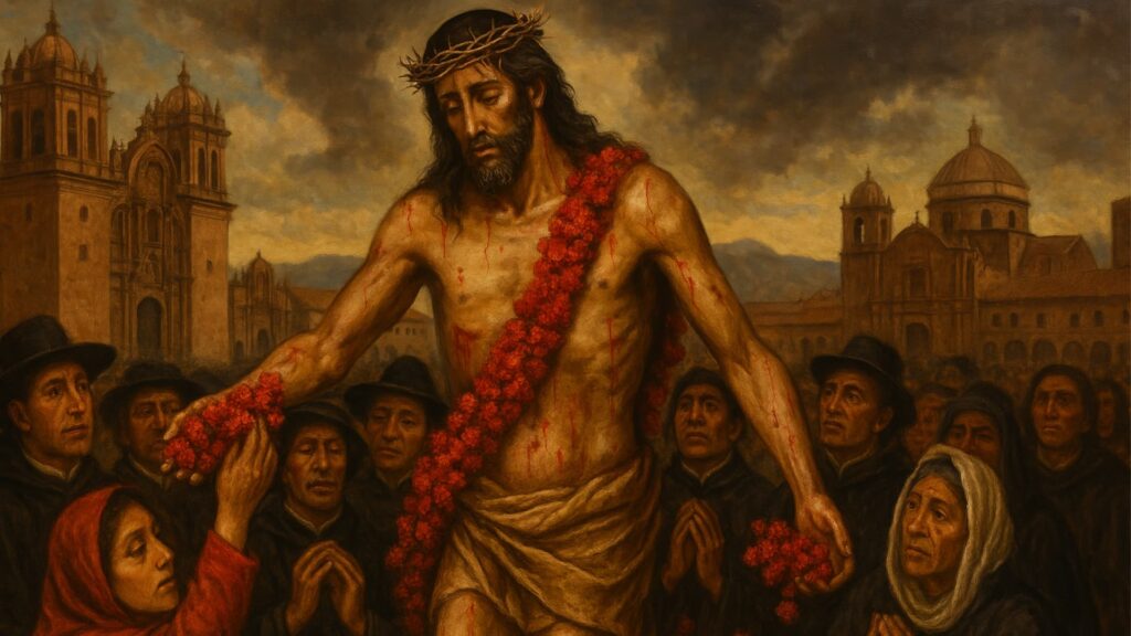 Religious painting of Jesus during Holy Week in Cusco, surrounded by faithful believers offering red flowers - Inka Trail Peru.info