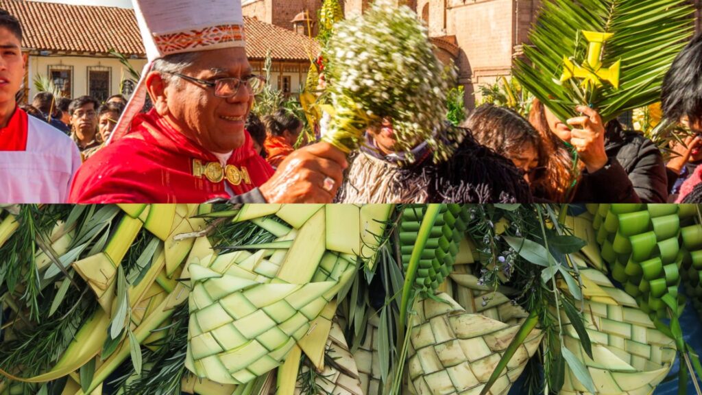Palm Sunday celebration in Cusco with a priest giving blessings and intricately woven palm leaf offerings - Inka Trail Peru.info