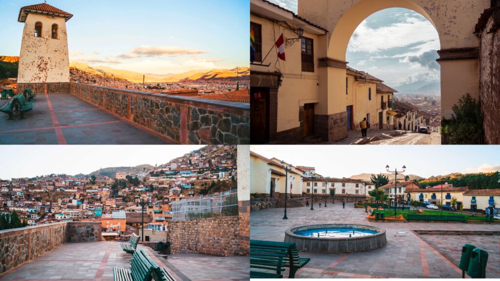 Scenic collage of San Blas neighborhood in Cusco, including lookout points, colonial streets, and local plazas - Inka Trail Peru.info