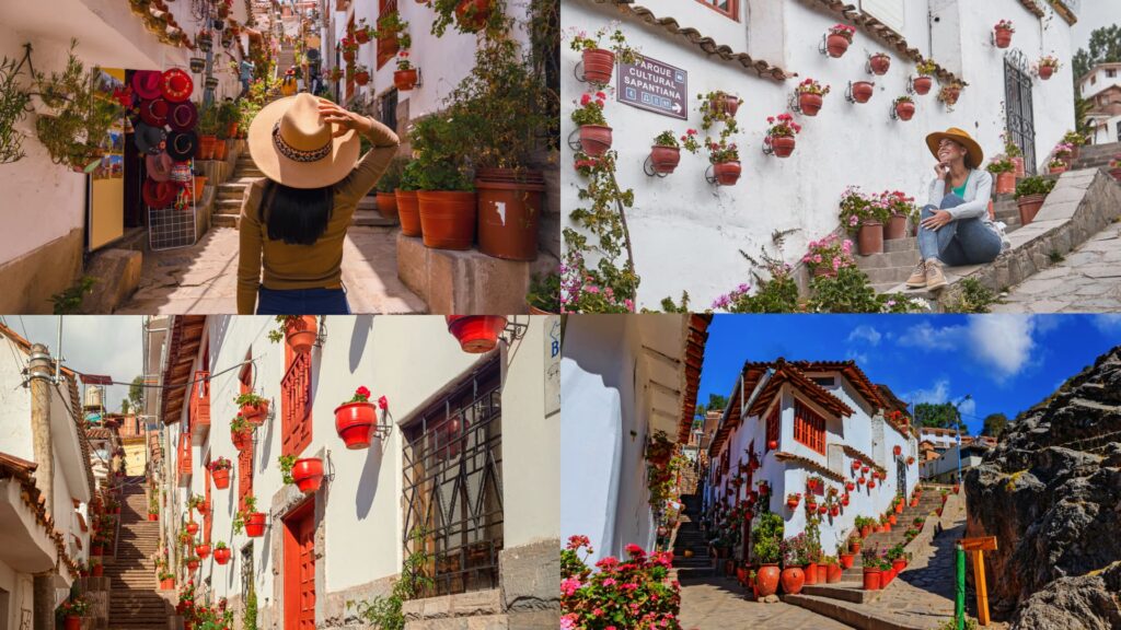 Colorful street of Siete Borreguitos in Cusco with red flower pots, white walls, and traditional Andean charm - Inka Trail Peru.info
