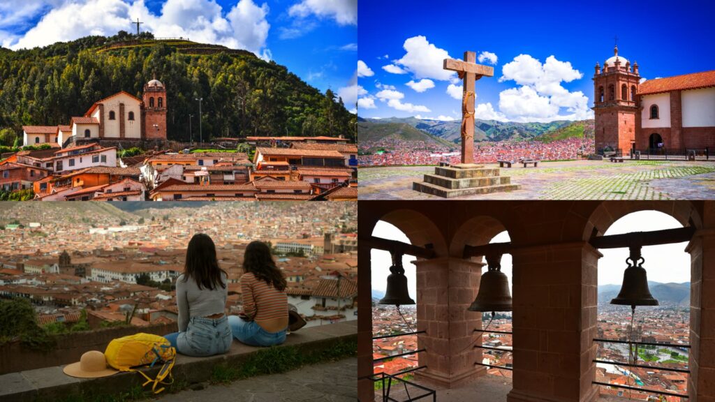 San Cristóbal Church and panoramic viewpoints over Cusco city, including bell towers, crosses, and scenic overlooks - Inka Trail Peru.info