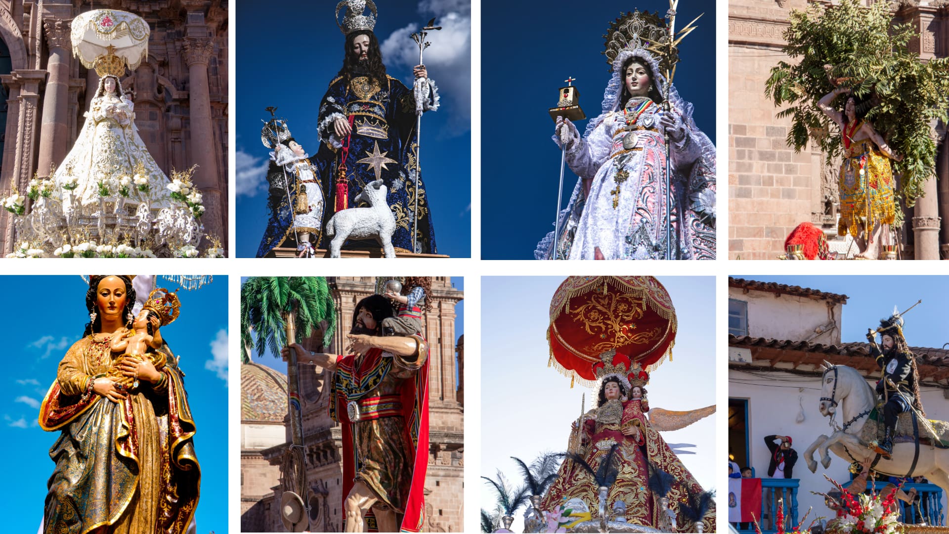 Vibrant statues processed during Corpus Christi in Cusco, showcasing traditional attire and devotion - Kenko Adventures